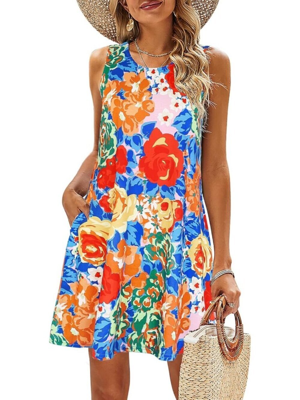 Women's Multicolor Beach Floral T-shirt Sundress Casual Pockets Boho Tank Dress